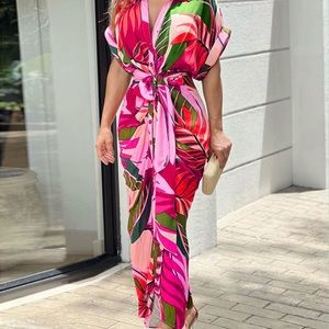 Everlane tropical print button up beltred dress XL